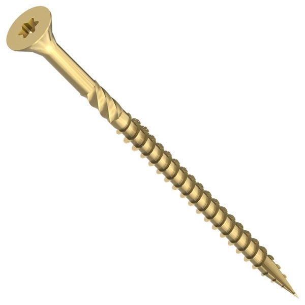 A brass-colored screw with a countersunk head and sharp point, featuring spiral ridges along its shaft.
