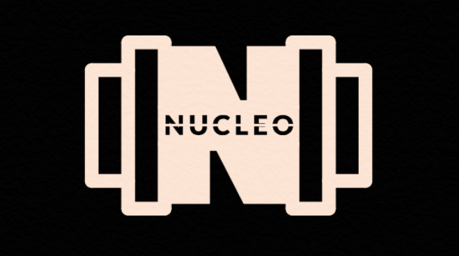Black and beige logo with the word Nucleo, featuring a stylized N resembling a dumbbell, on a dark background.