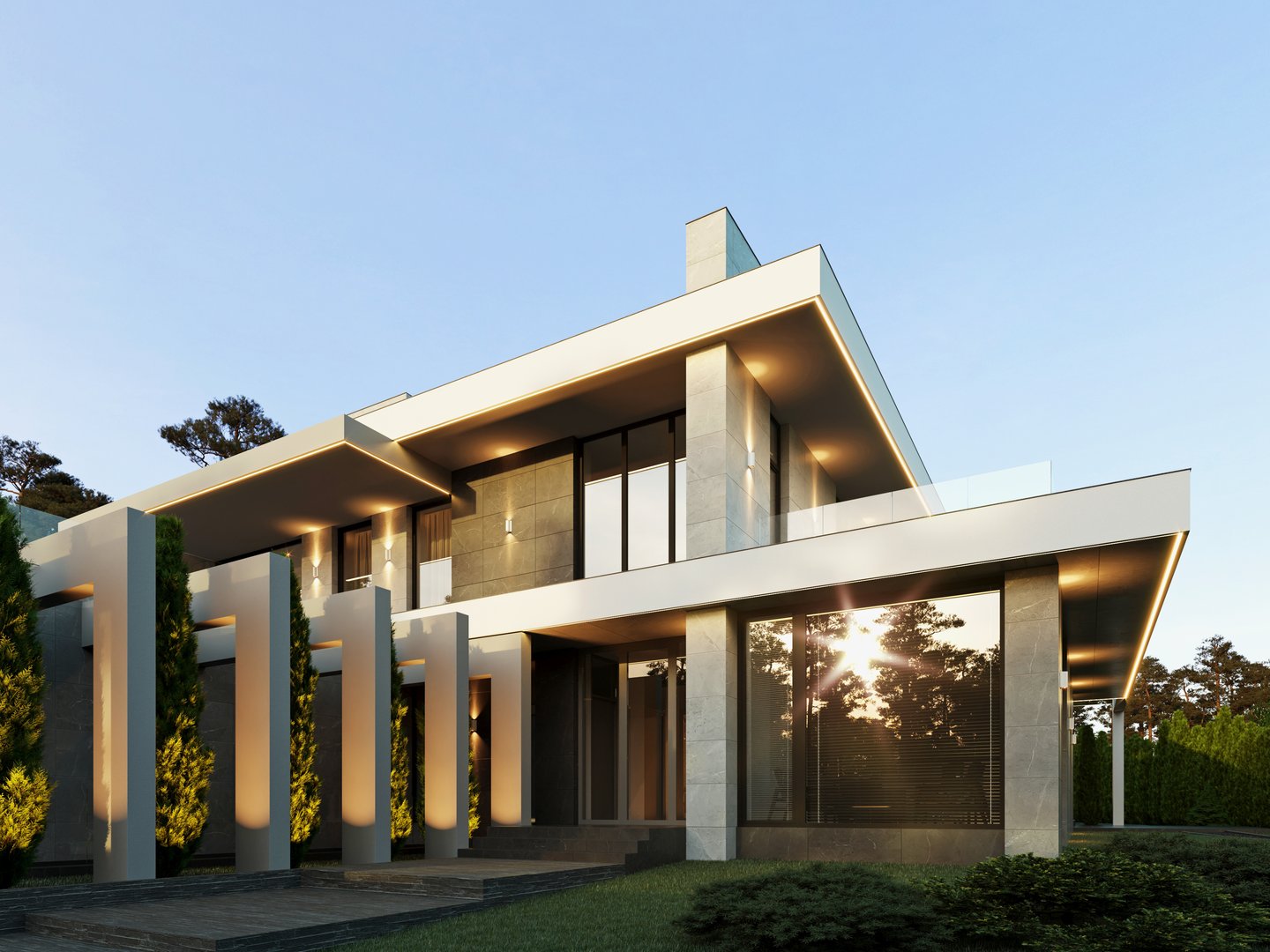 3D visualization of a modern private house with a terrace, panoramic glazing, and a flat roof