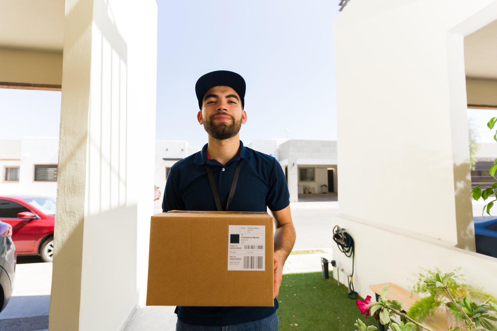 Young delivery man holding a package at the front door of a house in the suburbs captured on a security camera