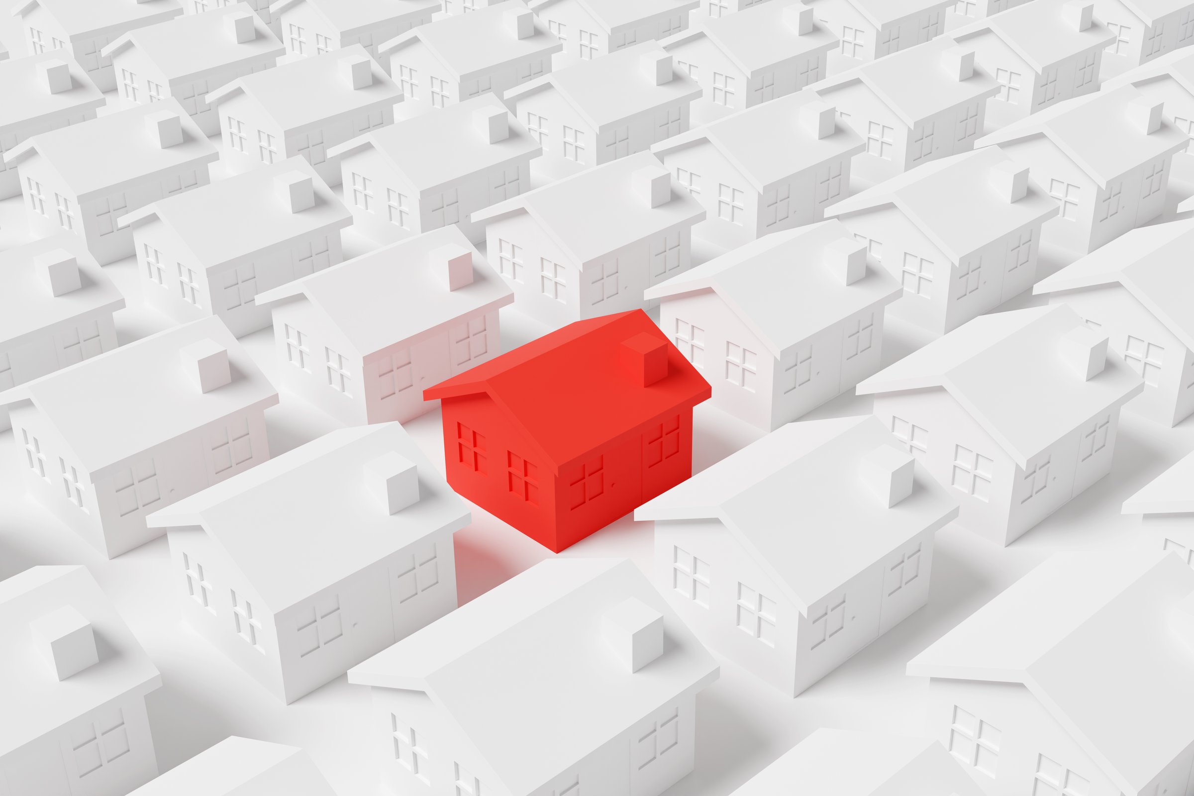 A red toy house sitting among rows of white houses on a white background. Illustration of the concept of choosing the right real estate property