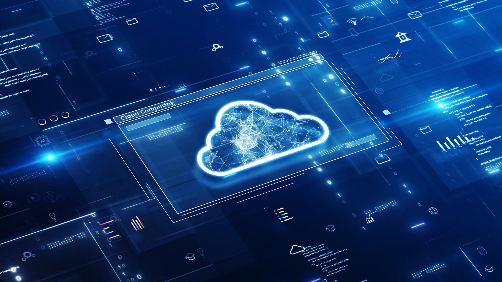 Cloud computing technology concept. Glowing icons representing database storage connection on internet network, surrounded by interface elements and abstract binary code on dark blue background.
