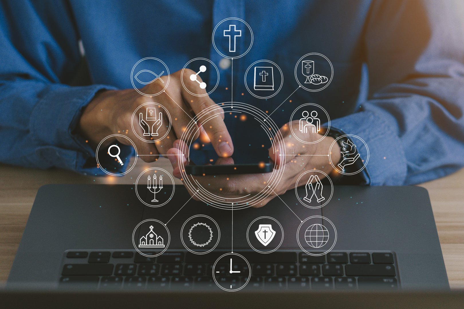 Online church concept.Worship from home with smart phone.Bible online.Technology for Religion.