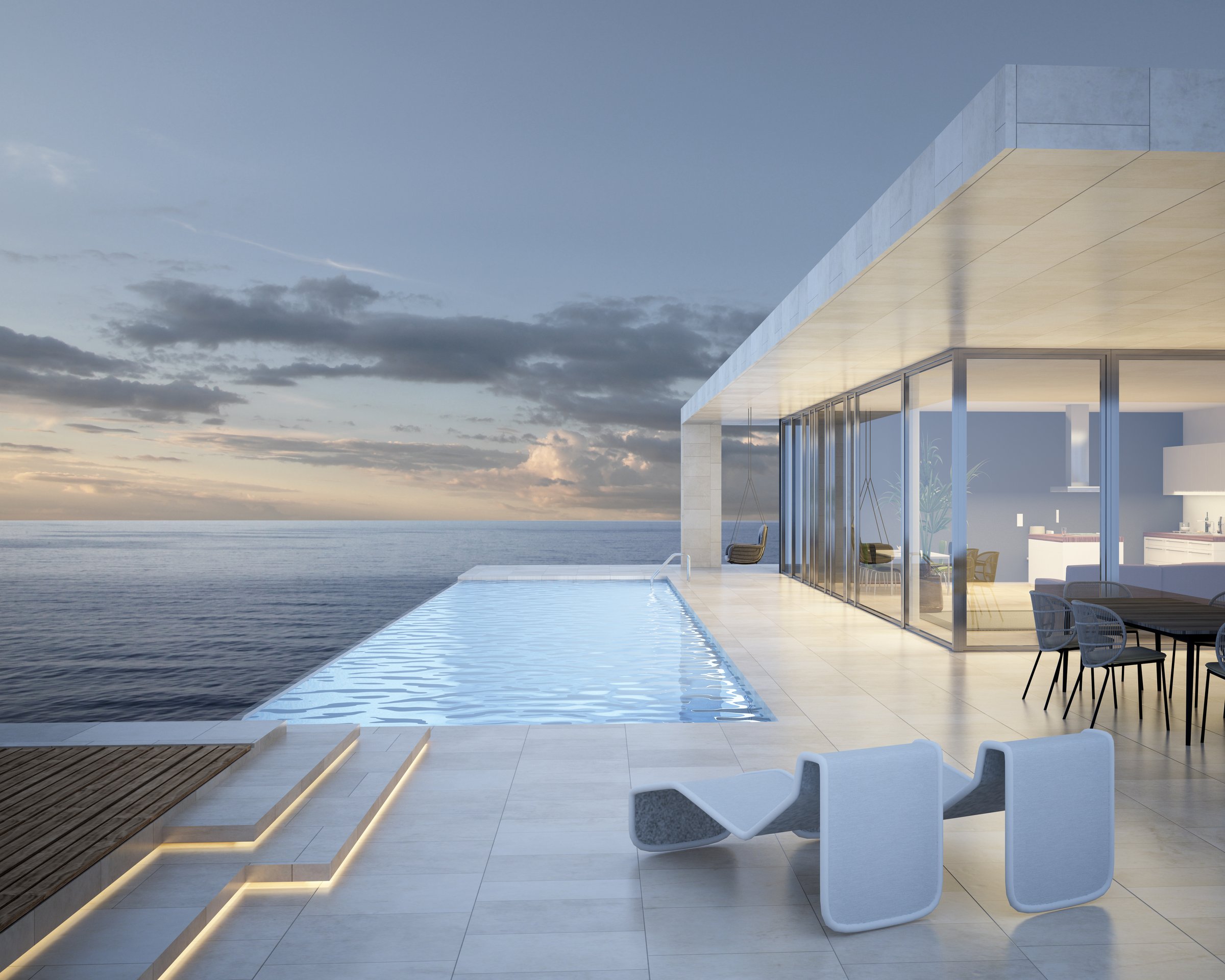 3d rendering of a modern villa with infinity pool and sea view in the evening