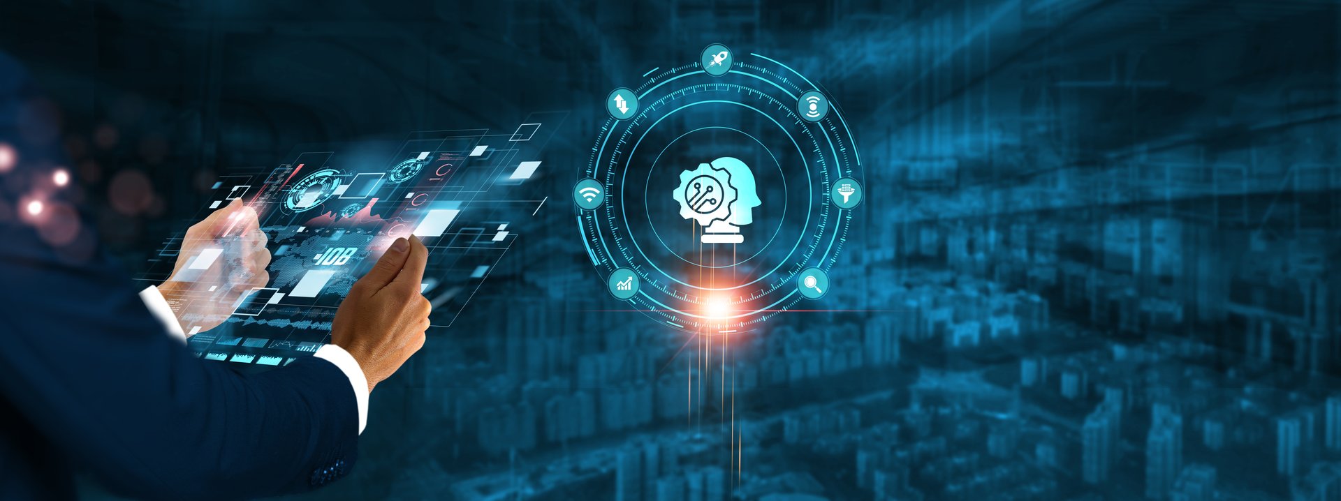 Internet of Behaviors (IoB): Businessman holding virtual interface panel of digital device on global networking, user analytics, behavioral patterns, and predictive technology in futuristic.
