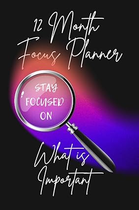 Cover of a planner with a magnifying glass and text reading 12 Month Focus Planner Stay Focused on What is Important.