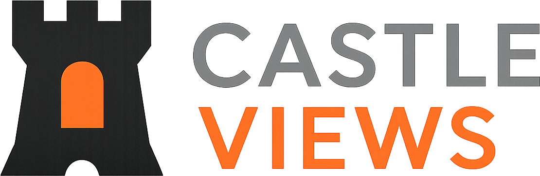 Logo featuring a black castle tower with an orange window, alongside the text Castle Views in gray and orange colors.