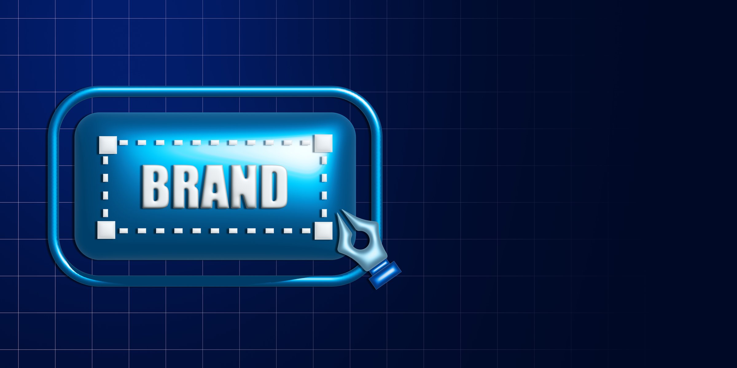 Image of a brand design tool icon with a pen tool on a blue grid background. Concept of branding, digital design, and business identity. 3D Rendering