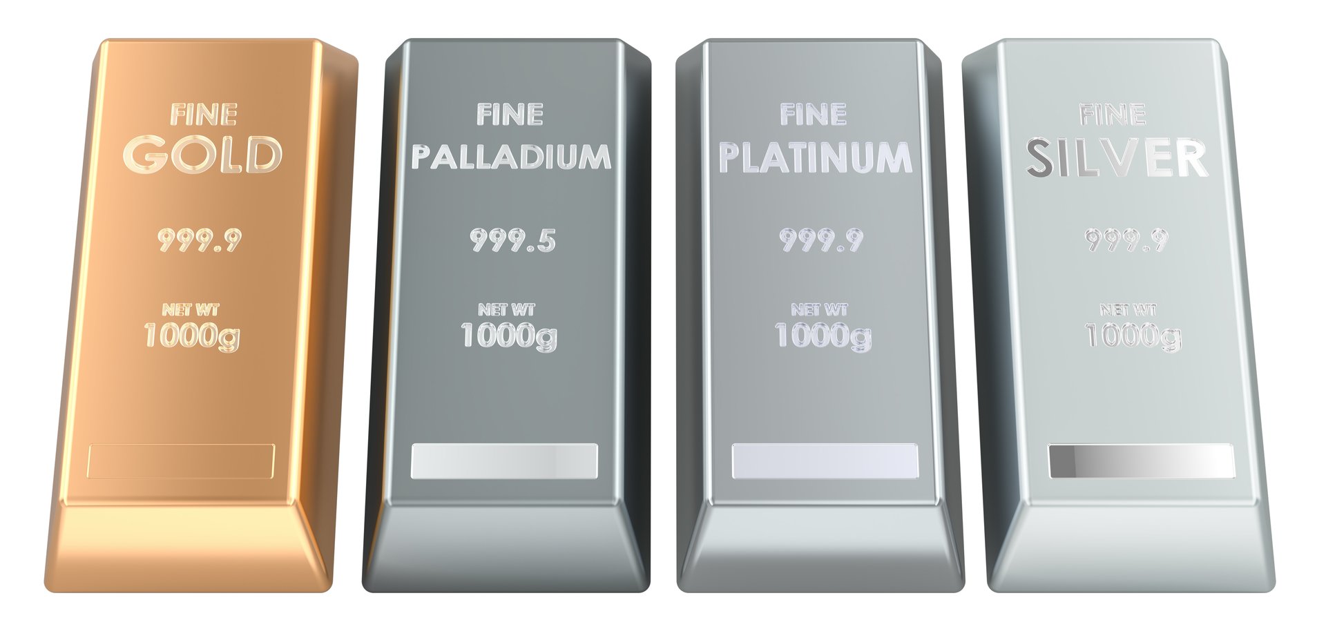 Precious metals bullion set. Gold, palladium, platinum and silver bars. 3D rendering isolated on white background