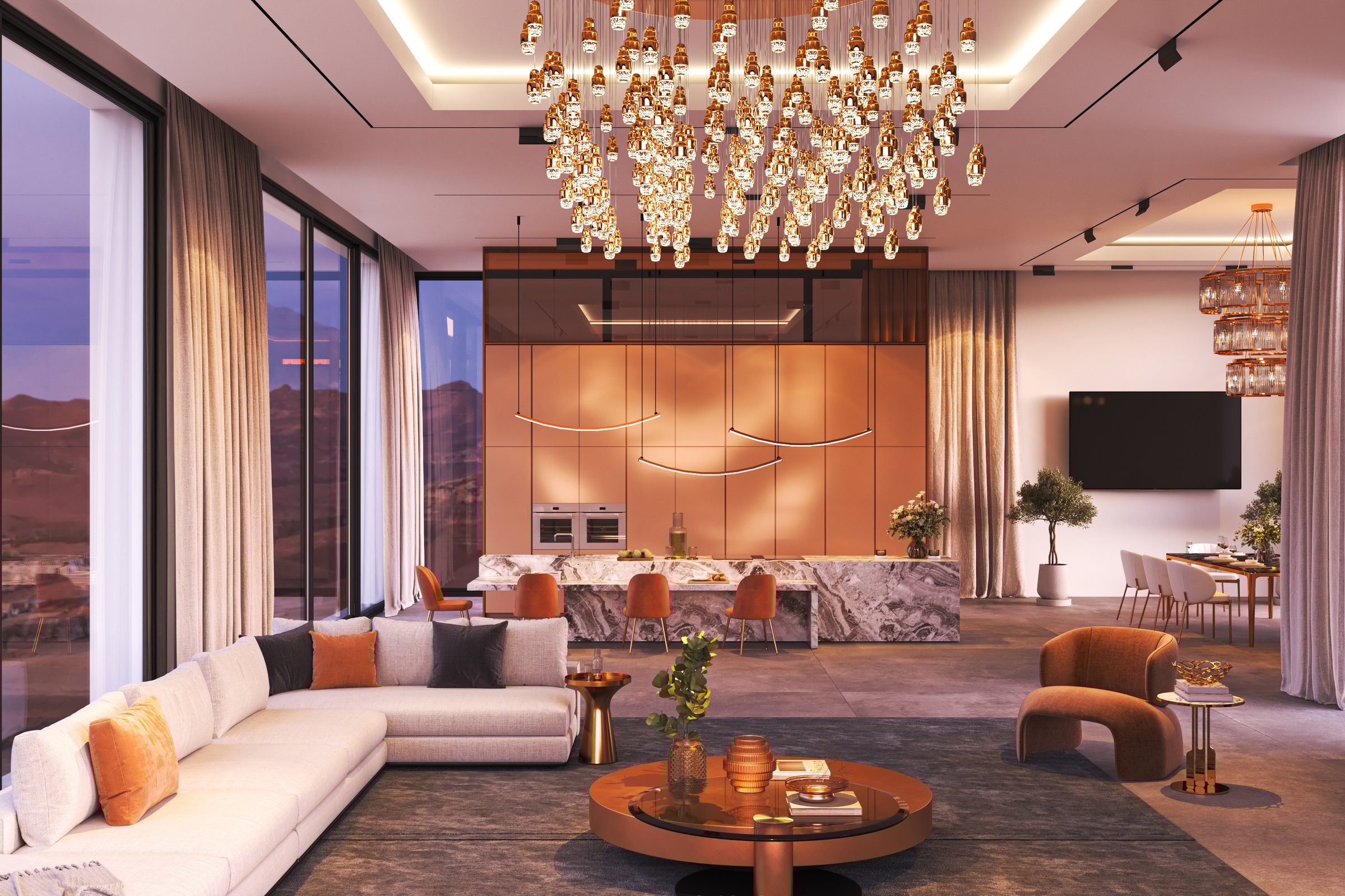 Stylish living room showcases contemporary decor, large expansive windows, and upscale, elegant furnishings, 3d rendering