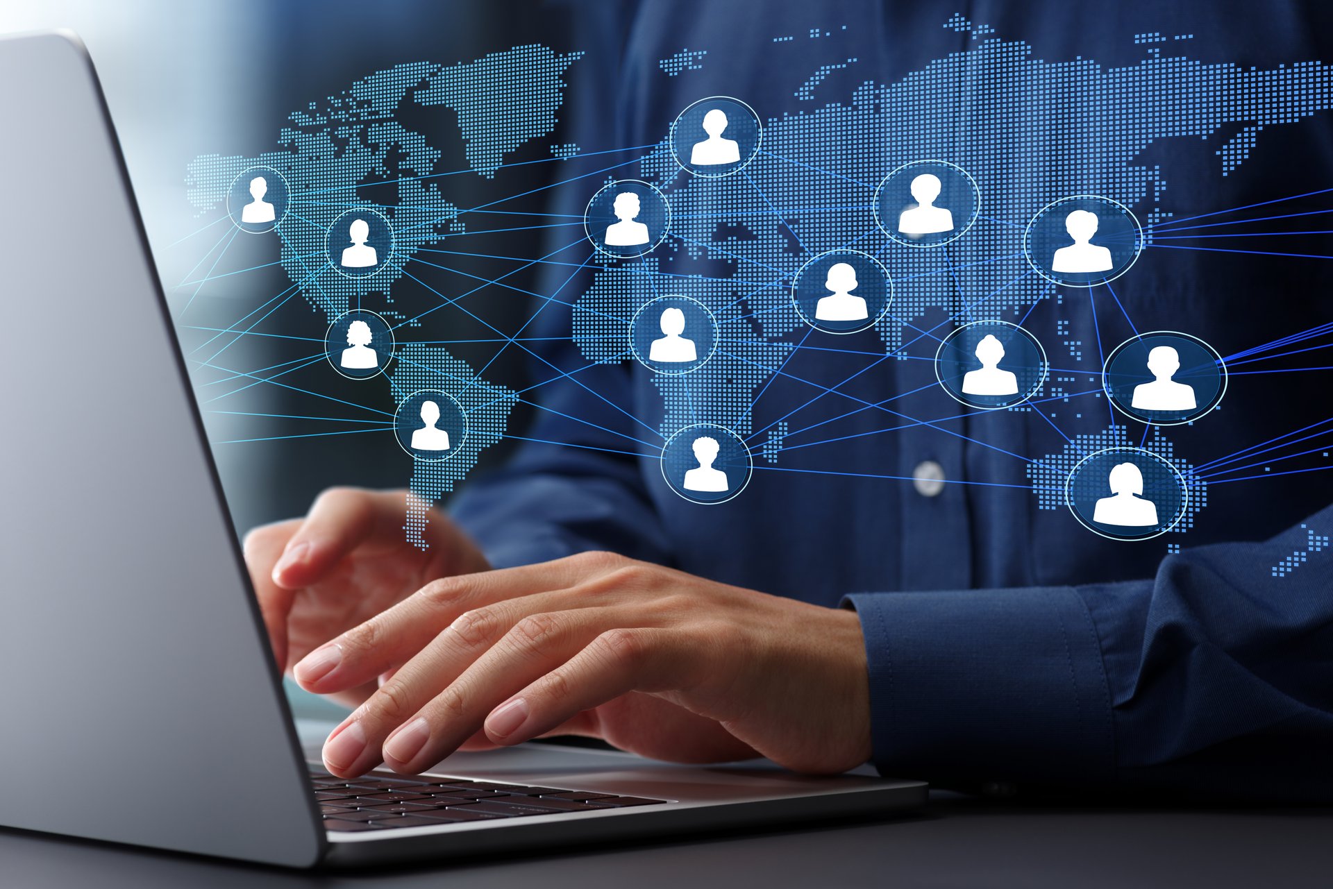 Global talent network and cross-border collaboration. Businessman using laptop computer to communicate with the team.