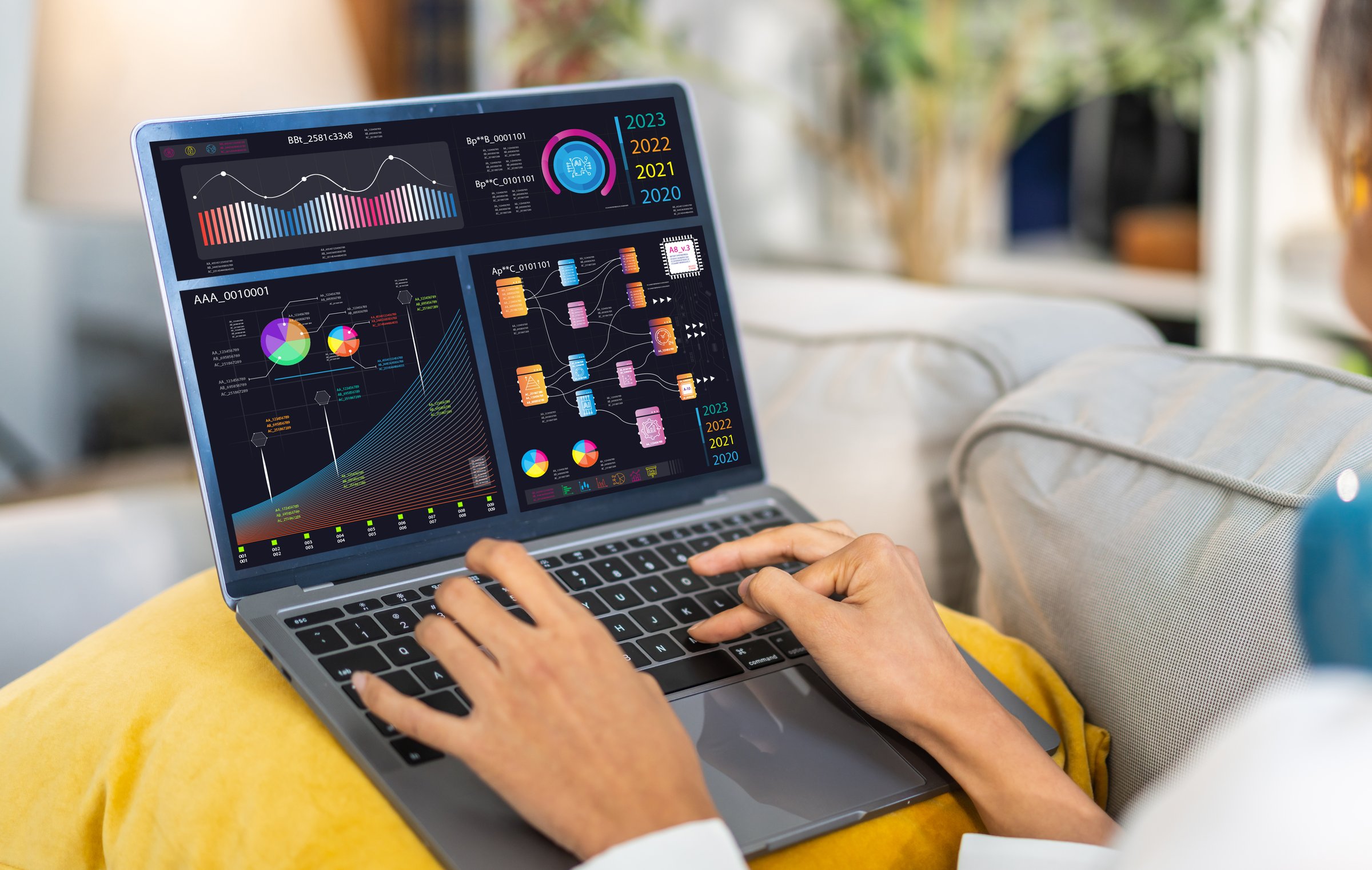Human work on laptop display data visualizations, screen with charts, graphs, market analysis, strategic planning, big data, analysis, financial, performance and digital transformation in business