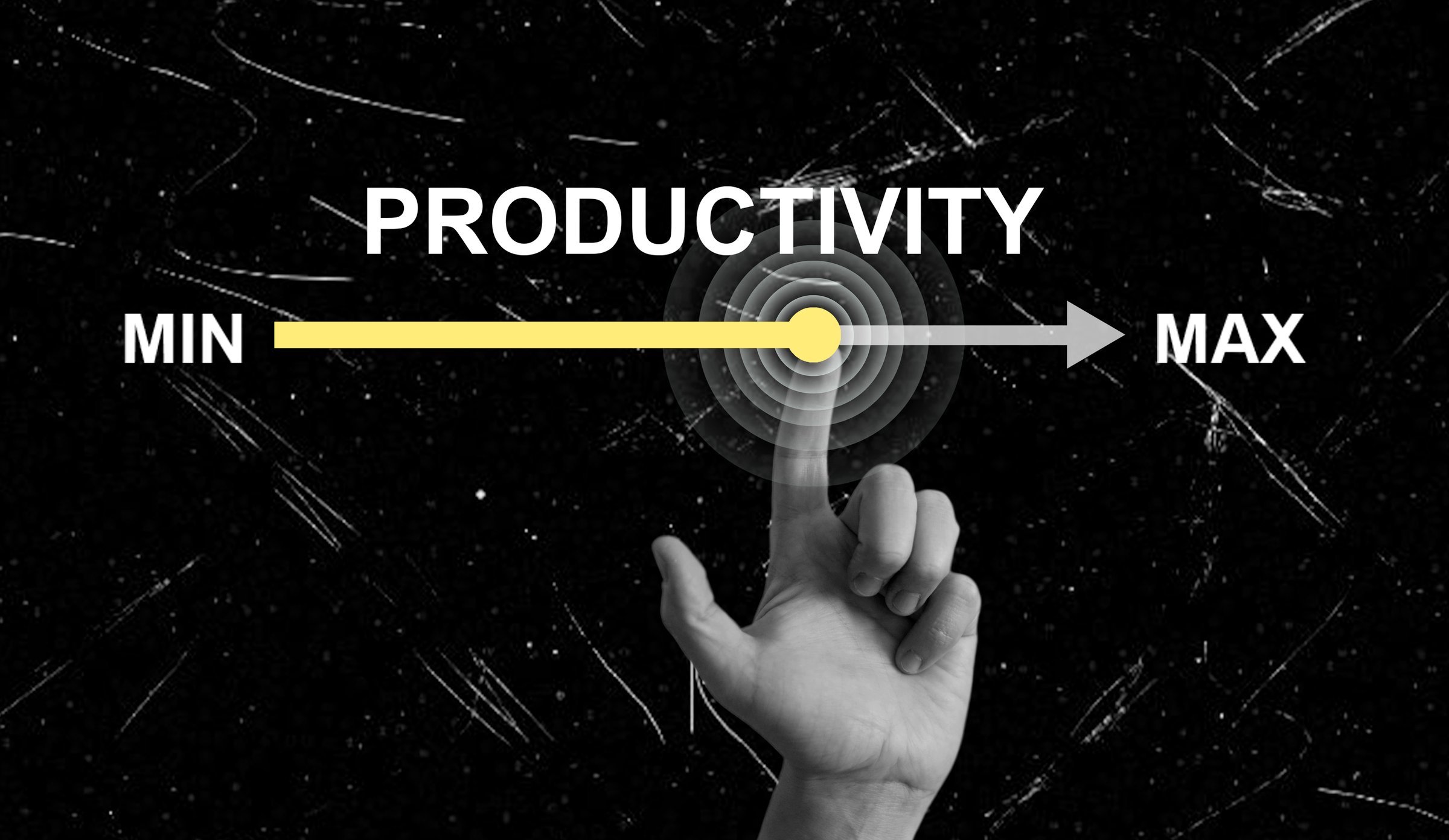 A hand is pointing towards a productivity scale that ranges from minimum to maximum. The scale uses a gradient background suggesting a spectrum of efficiency and effectiveness.