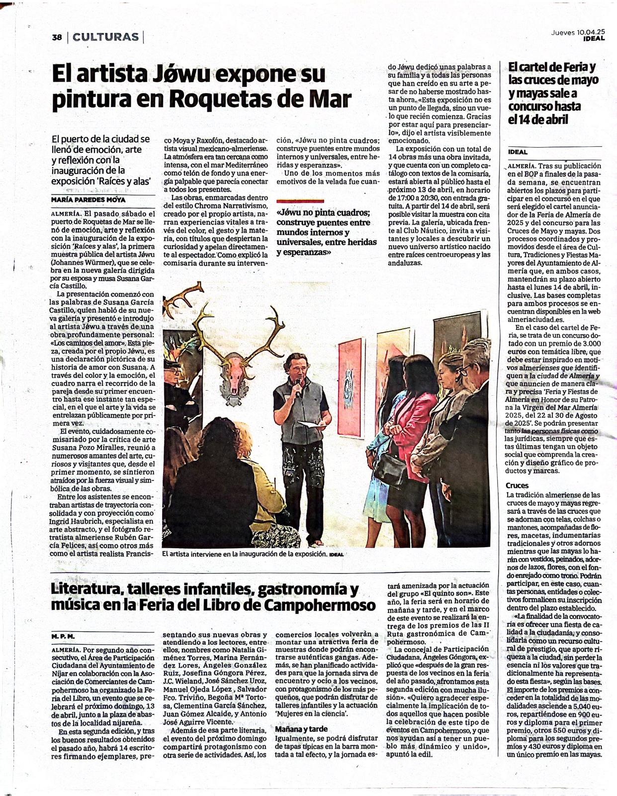 Newspaper page featuring an article about artist Jówu's exhibition in Roquetas de Mar, with related cultural news and ads.