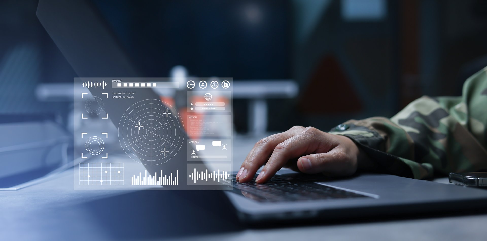 soldier man hand click on laptop to use program of radar and radio aviation for test system of tracking and defense at the dark control room center in monitor station for military technology concept
