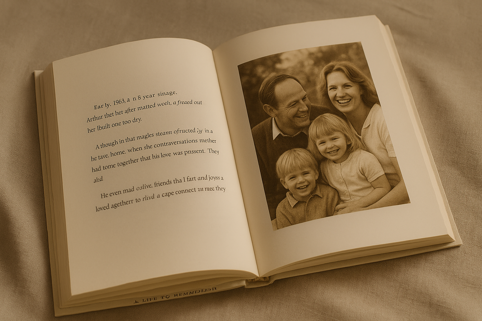 Open book spread showing LegacyPrints story layout and design