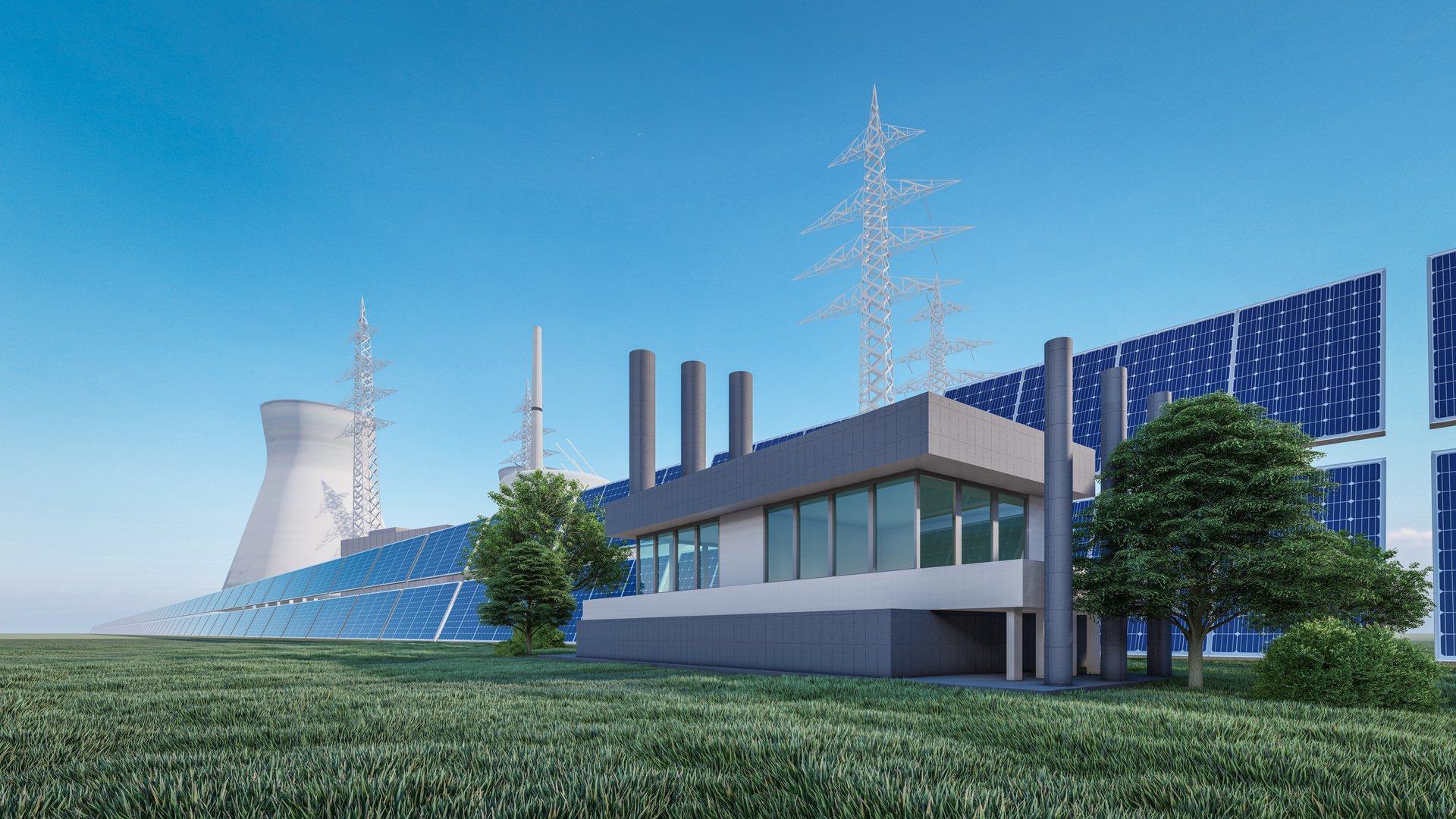 3d rendering illustration of solar cell , solar panels at industrial green field sustainable energy