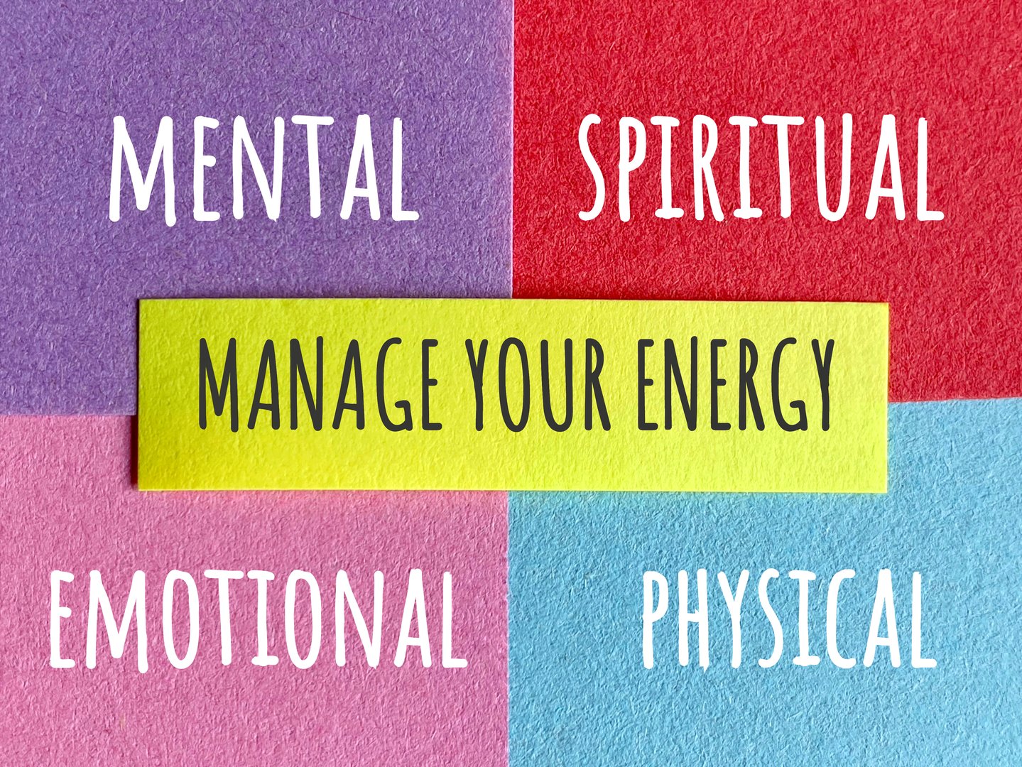 Manage Your Energy - Mental spiritual emotional physical text written on multicolored paper background. Stock photo.