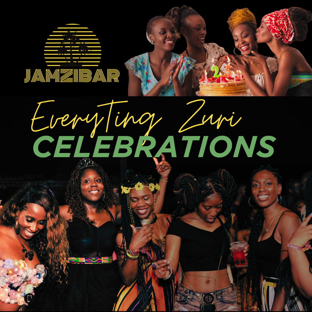 Group of women celebrating with a cake and drinks at Jamzibar, featuring text Everything Zuri Celebrations.