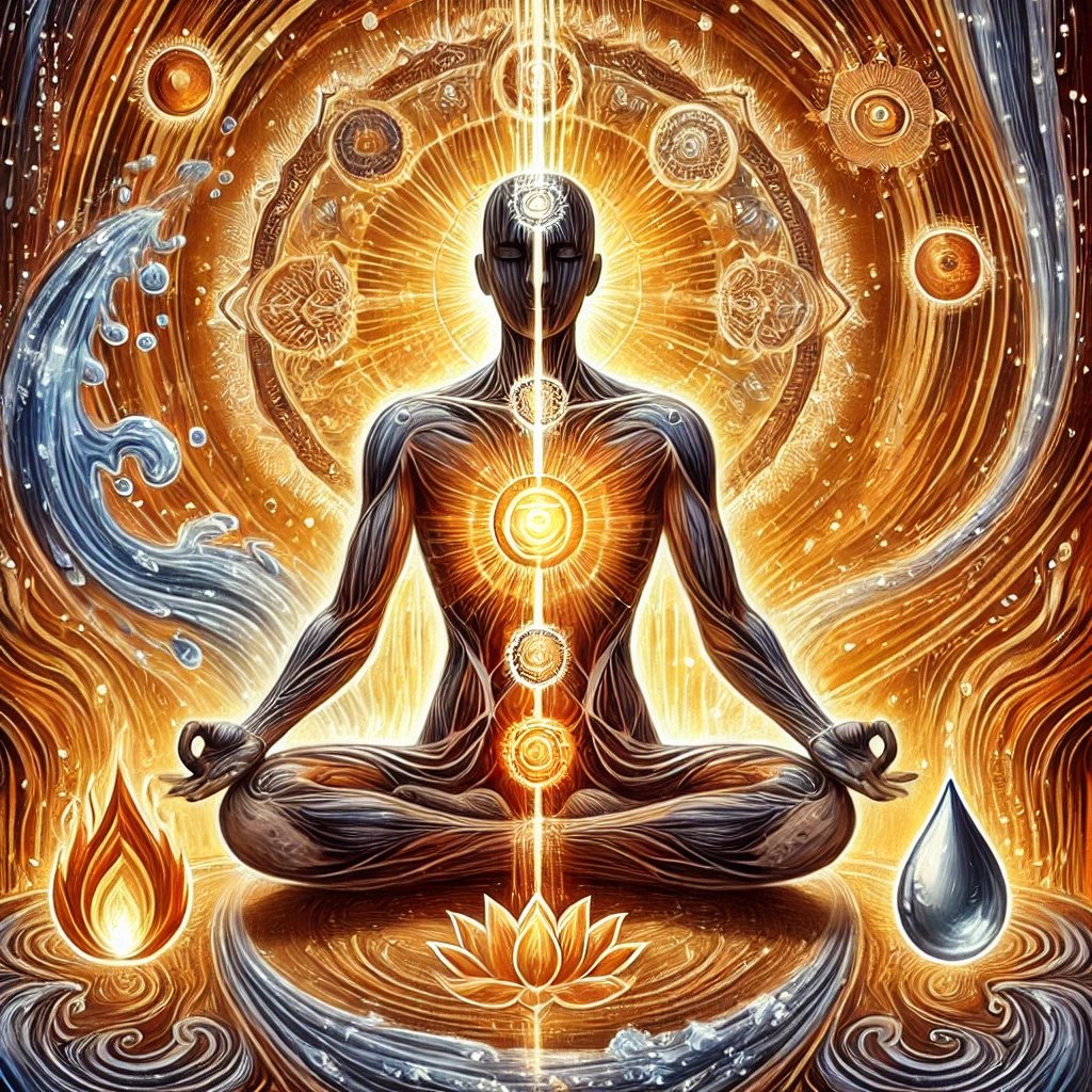 Silhouette meditating with chakras glowing, surrounded by cosmic and elemental symbols: fire, water, lotus, and energy.
