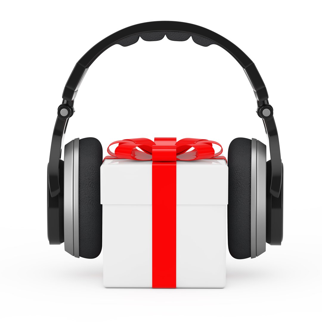 Headphones over White Gift Box with Red Ribbon on a white background. 3d Rendering