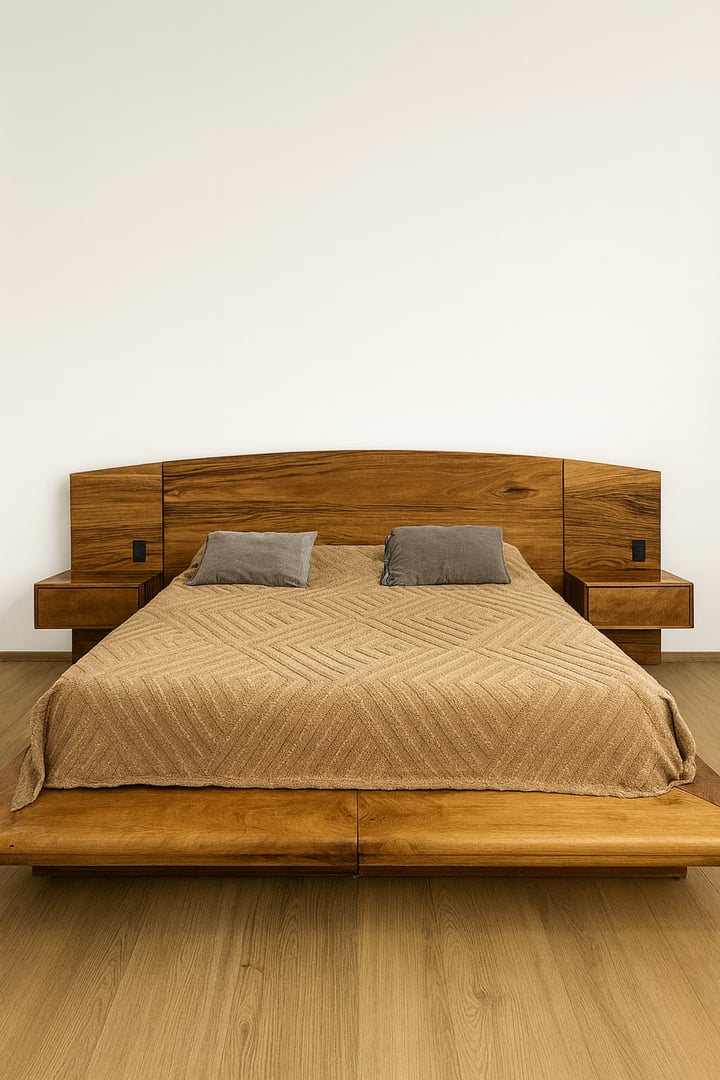 Cama plataforma en parota con cabecera curva modular y burós flotantes integrados