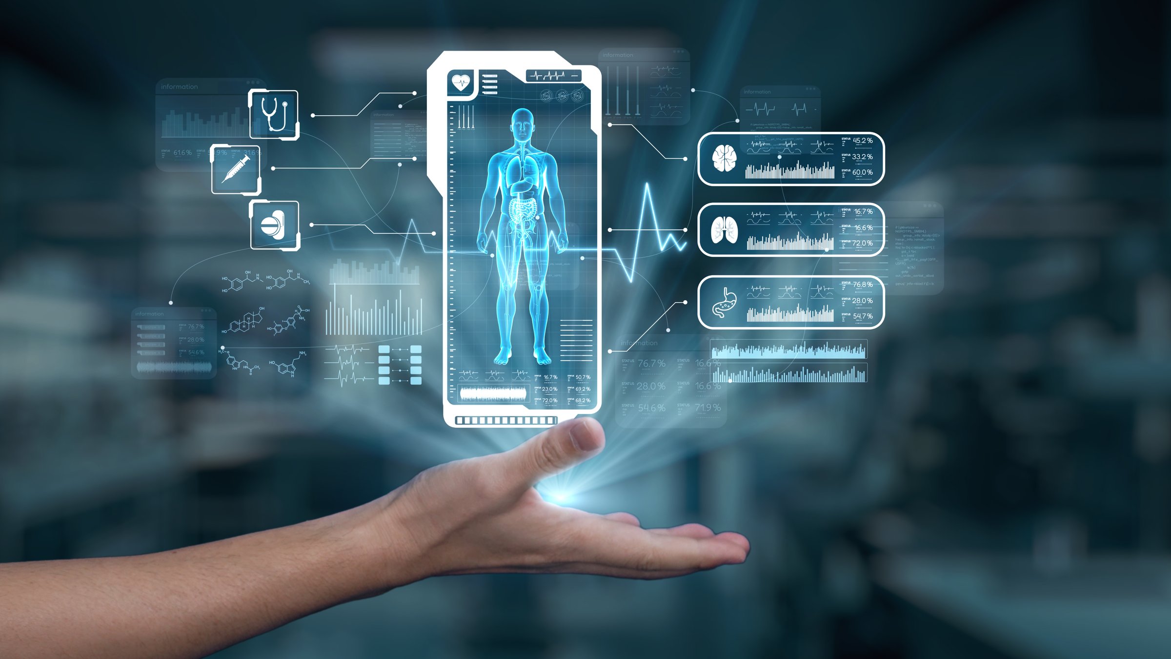 Close up of hand holding human anatomy holographic floating at laboratory background. Hand accessing and connecting medical data by using x ray icon to analyzing and diagnosis symptom. Salubrious.
