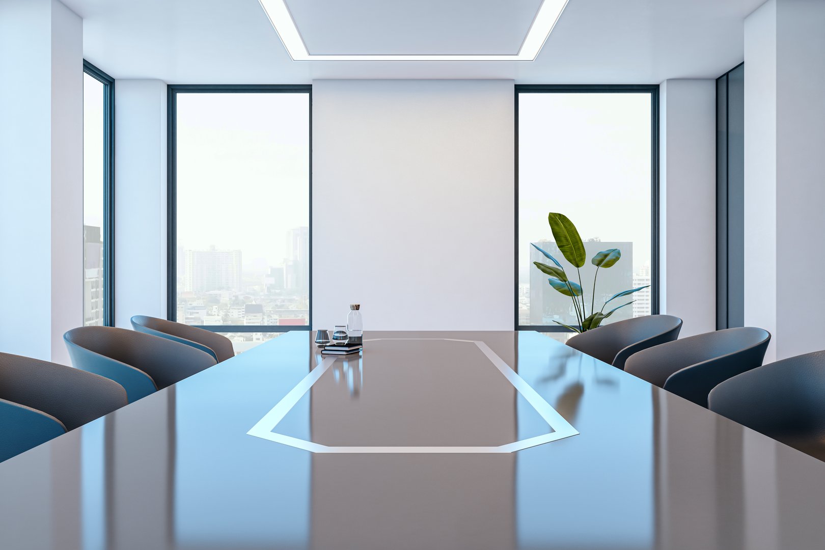 Empty business meeting room with modern design, large glass windows, glossy tabletop, and cityscape view in background. 3D Rendering