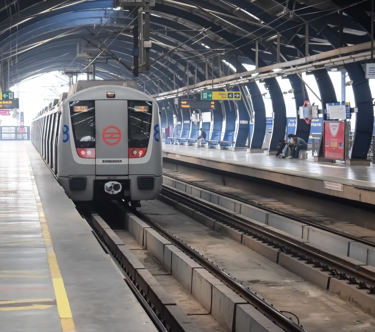 New Delhi, India, August 12 2024 - Delhi Metro train arriving at Jhandewalan metro station in New Delhi, India, Asia, Public Metro departing from Jhandewalan station