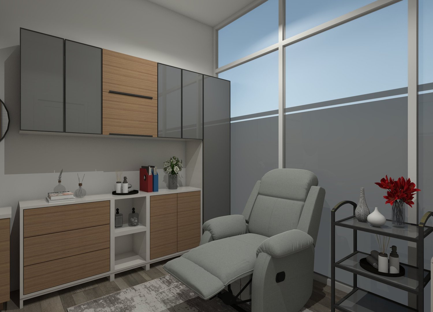 Private working room interior design with storage cabinet and comfortable sofa.