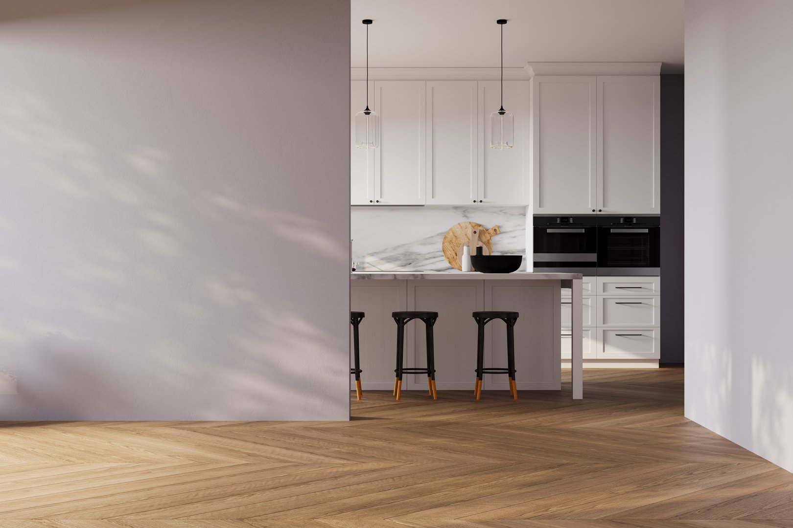 Modern interior design of apartment, kitchen, dining room with table and chairs, empty living room with empty wall, panorama.