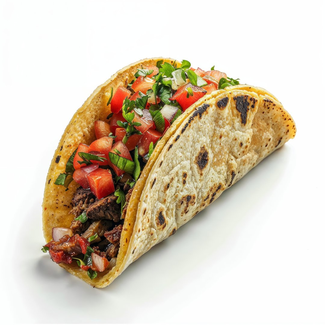 This tantalizing image captures the essence of street food charm with a close-up view of a savory grilled taco. The taco shell, adorned with appetizing grill marks, cradles a hearty filling of succulent grilled meat, topped with a vibrant mix of diced tomatoes, crisp onions, and fresh cilantro. The simplicity of the white background accentuates the freshness and vivid colors of the taco, inviting viewers to indulge in this culinary delight.