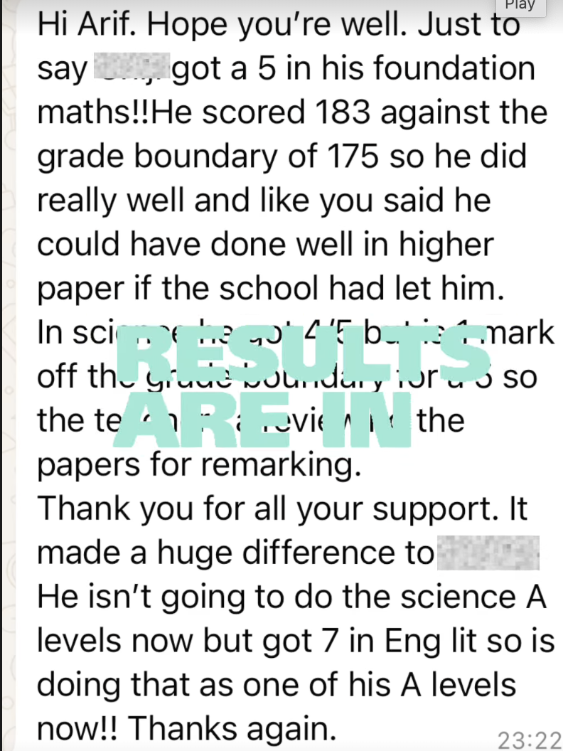 Text message about a student's exam results, mentioning foundation maths and English, with "RESULTS ARE IN" overlaid.