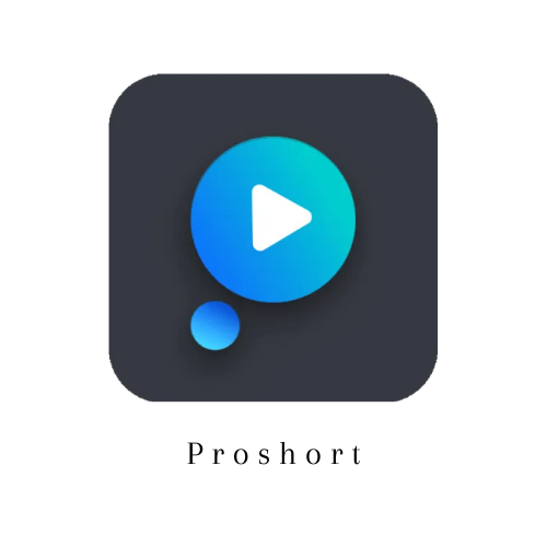 A dark square app icon with a blue play button and small circle, labeled Proshort below.