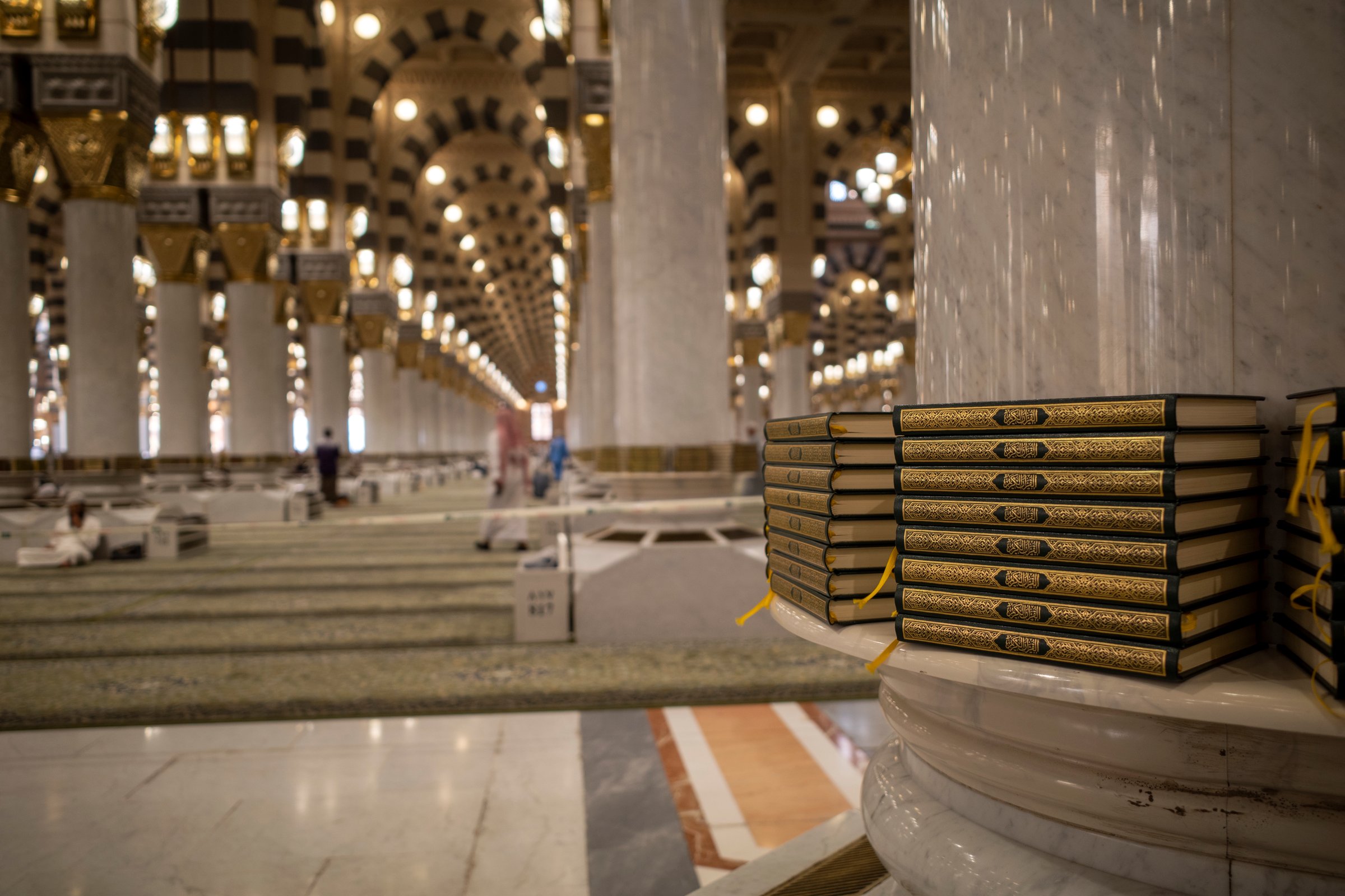 Al-Quran rows lined up neatly in Masjid Nabawi, Prophet Mosque, Medina, Saudia Arabia.