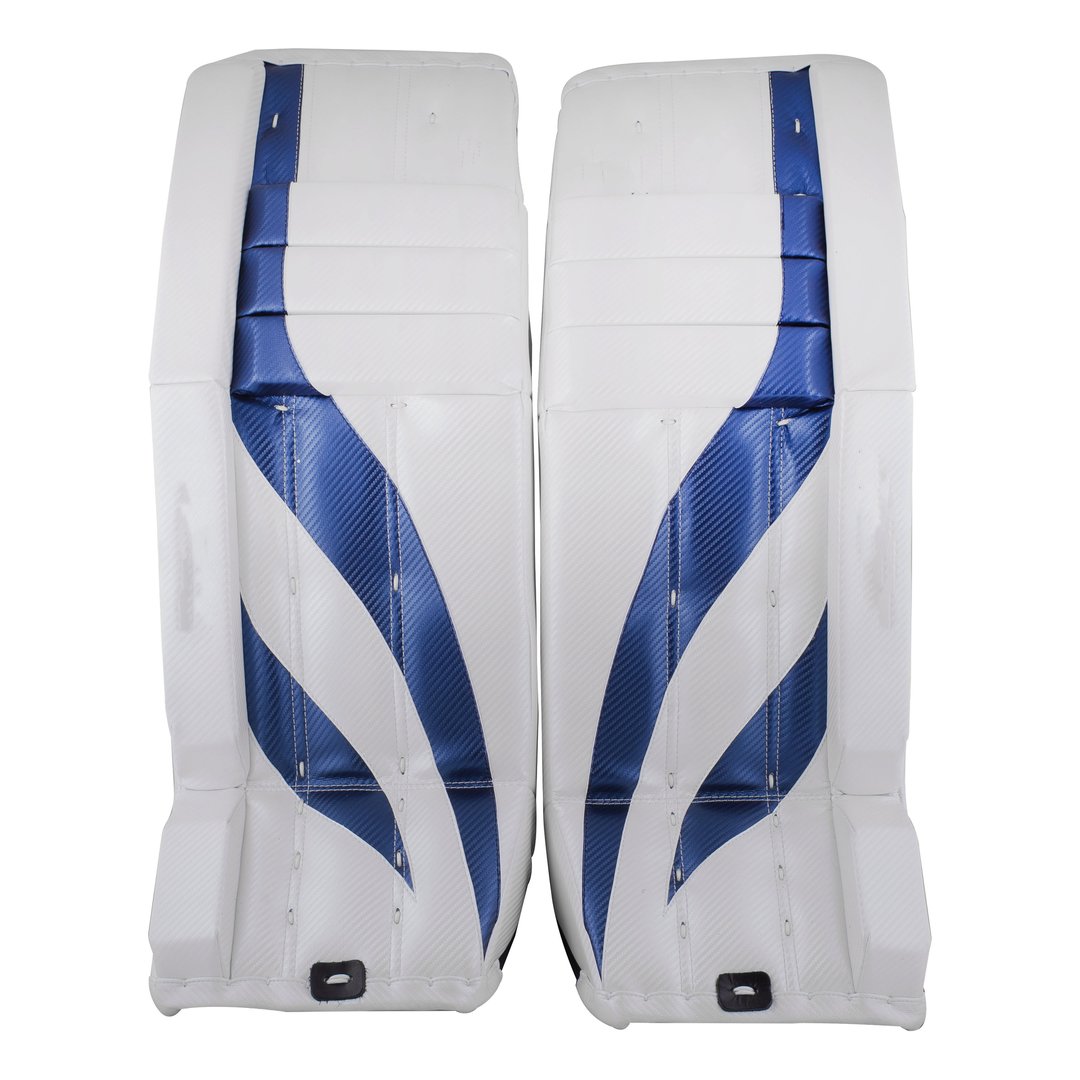 White and blue ice hockey goalie protective leg pads isolated on white background