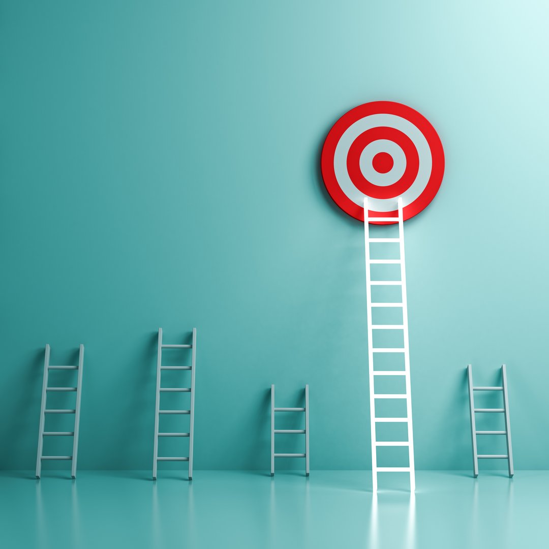 One longest glowing neon light ladder reaching to the above top goal target dartboard the business creative idea concepts on dark blue green cyan pastel color wall background with shadows 3D rendering