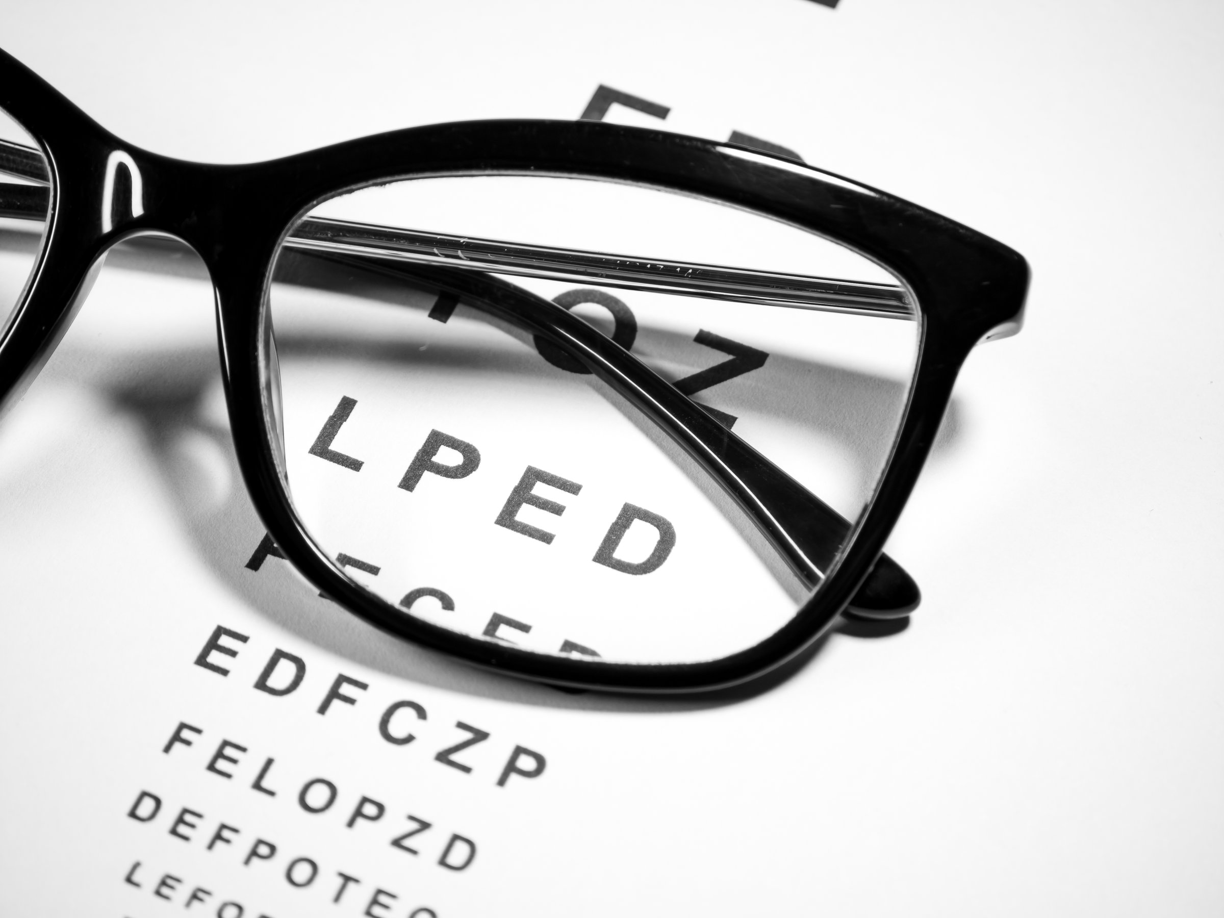 ophthalmology, Corrective glasses lie on the Snellen vision chart