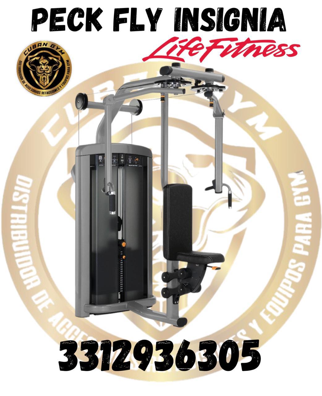 Exercise machine for pec fly workouts with branding for Peck Fly Insignia, Life Fitness, and contact number 3312936305.