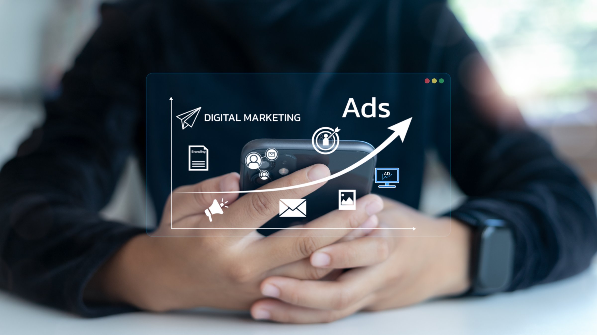 Digital marketing concept with smartphone in hand and upward graph, representing online advertising, email campaigns, social media strategy, and business branding.