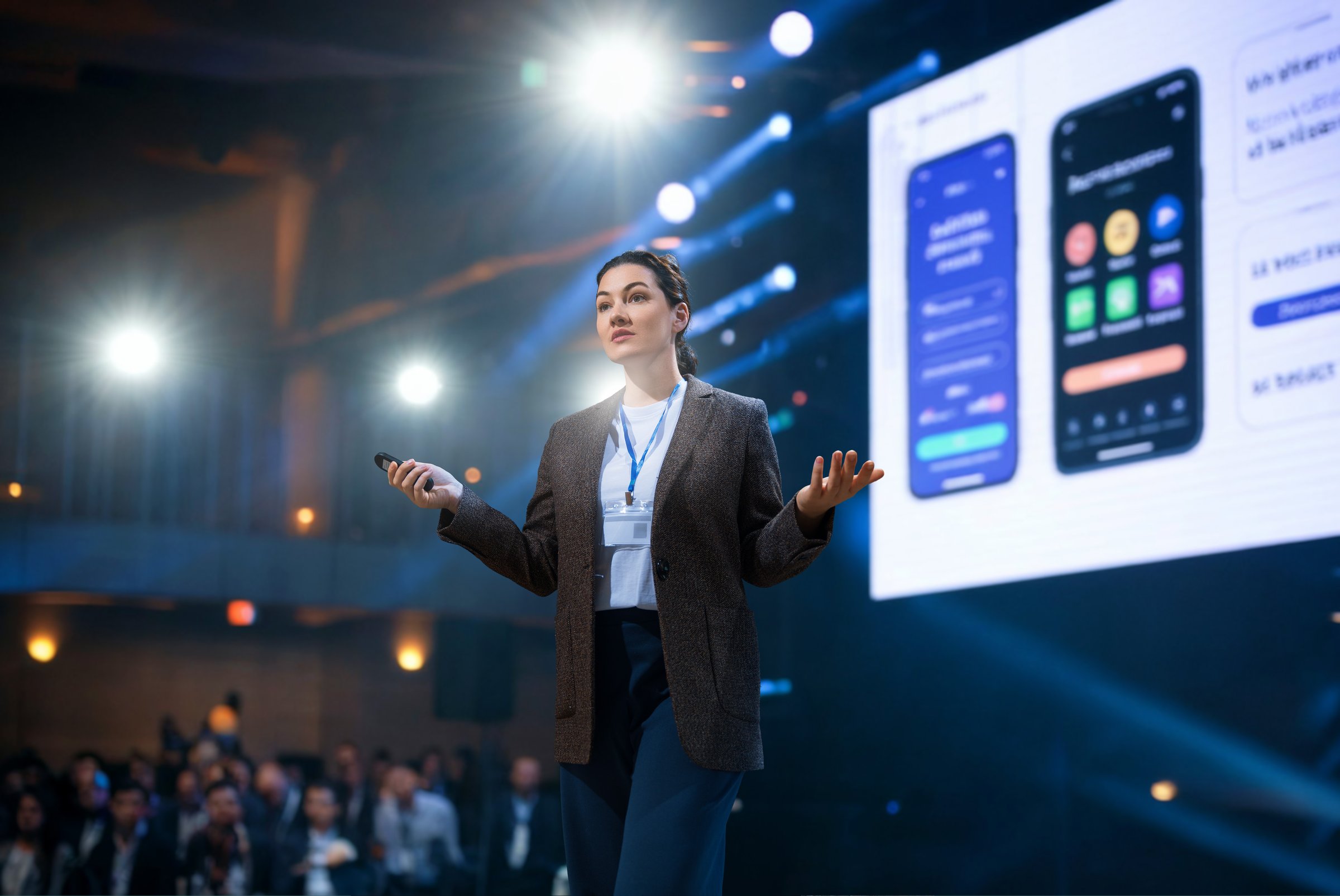 A woman is presenting a phone or app. The girl is speaking on stage