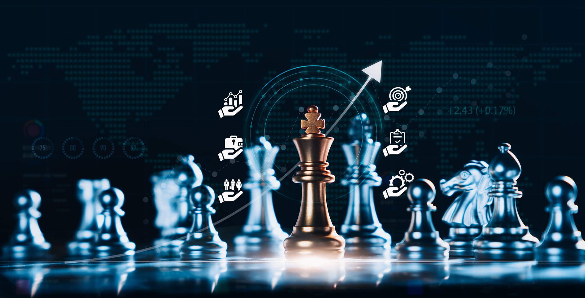 Concept of strategic planning and achieving business goals. A chessboard with an upward arrow and various business icons, setting clear objectives and developing effective strategies for success