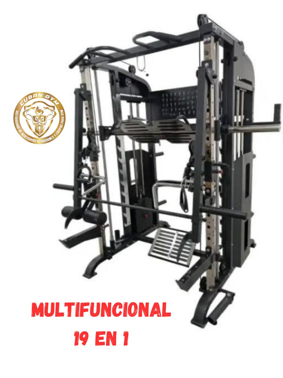 Multifunctional 19-in-1 gym machine with various attachments, featuring Cuban Gym logo and red text description.