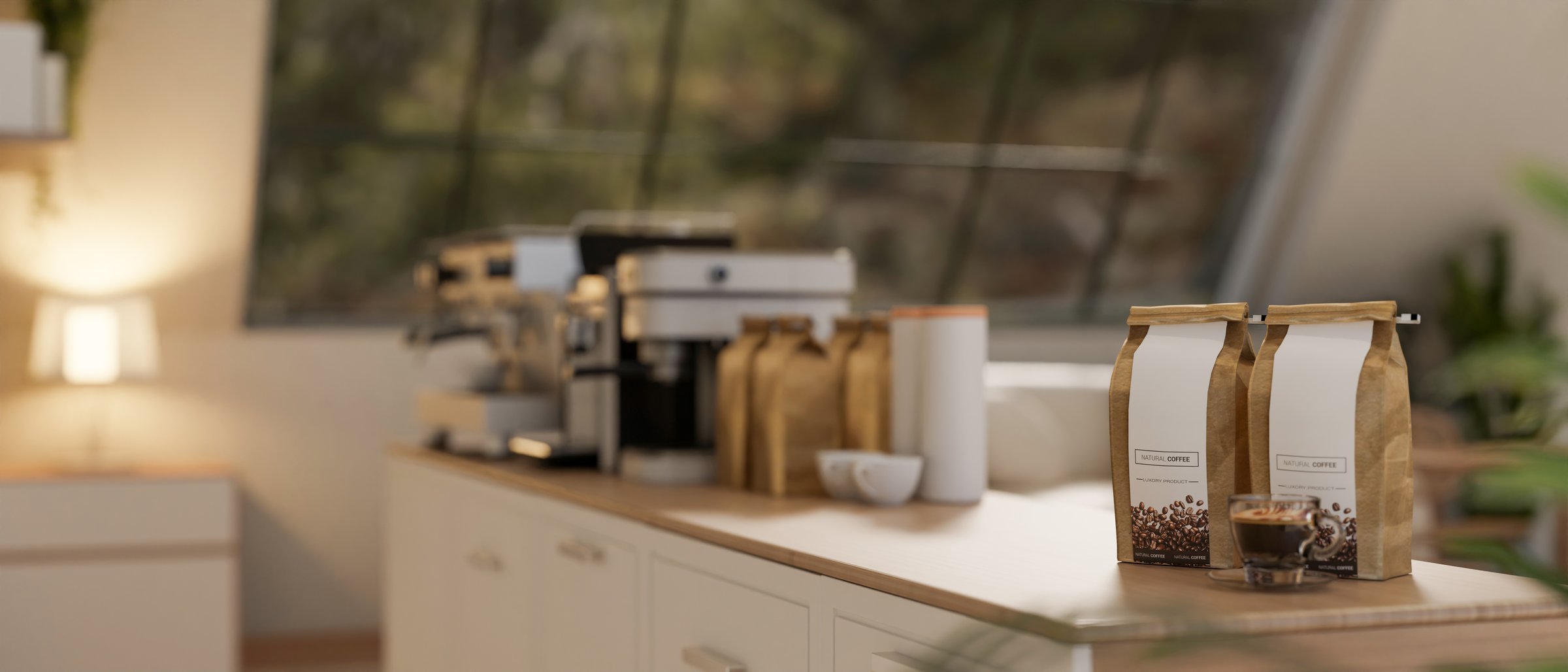A close-up of coffee bean bags and a coffee table displayed on a minimalist wooden counter in a cozy, contemporary coffee shop cafe. 3d render, 3d illustration