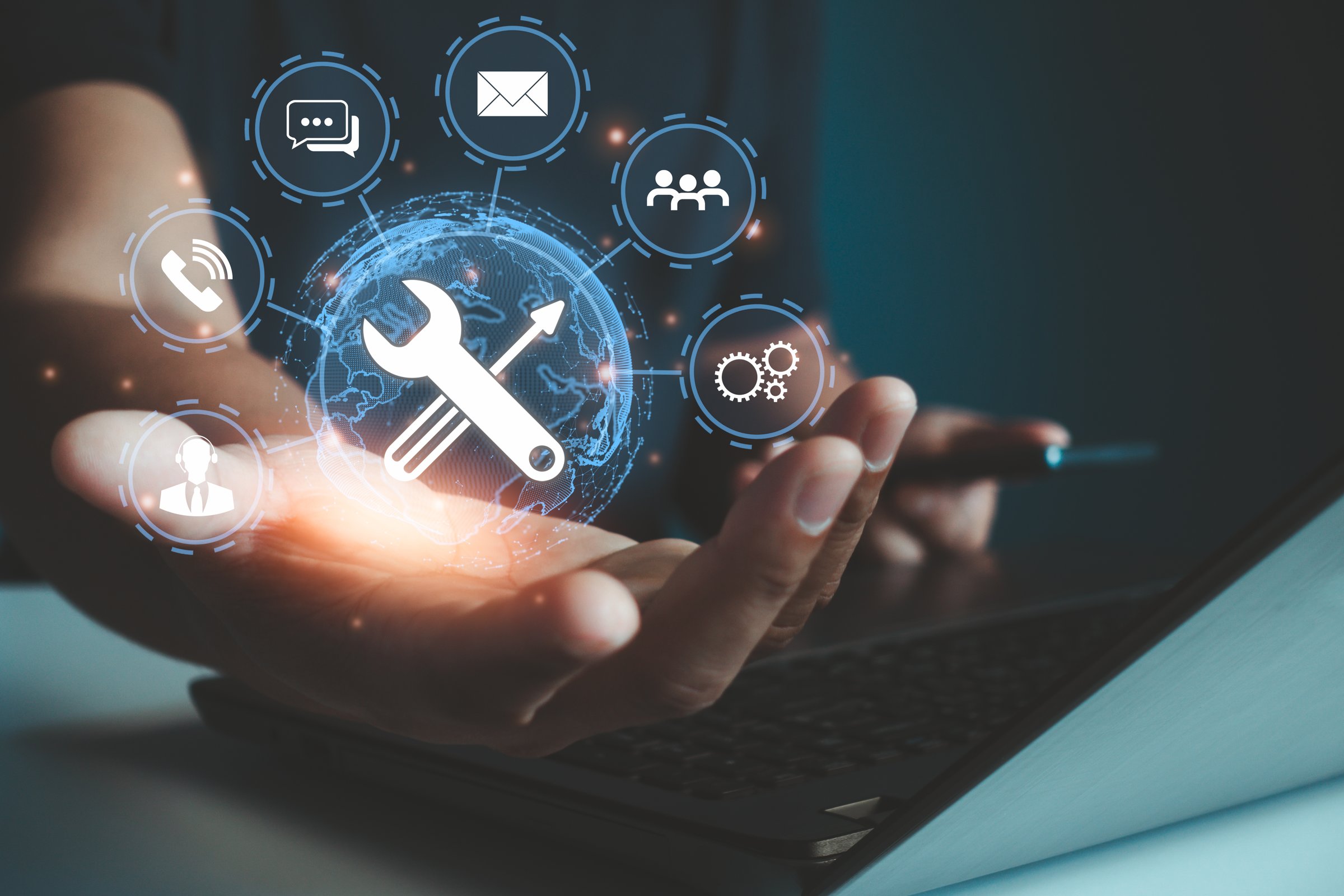 Technical Support Center Customer Service Internet Business Technology Concept. Man hand using smartphone with VR screen support customer icon, IT support, helpdesk, customer service help 24 hrs.