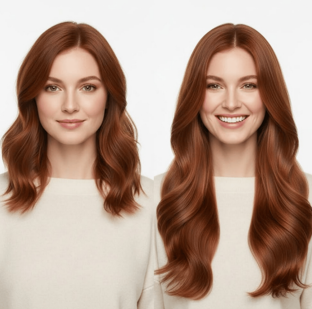 Professional hair extension transformation results - before and after hair extensions UK - luxury hair extension services - hair length transformation - volume hair extensions - real client hair transformation - premium hair extension specialist - natural looking hair extensions