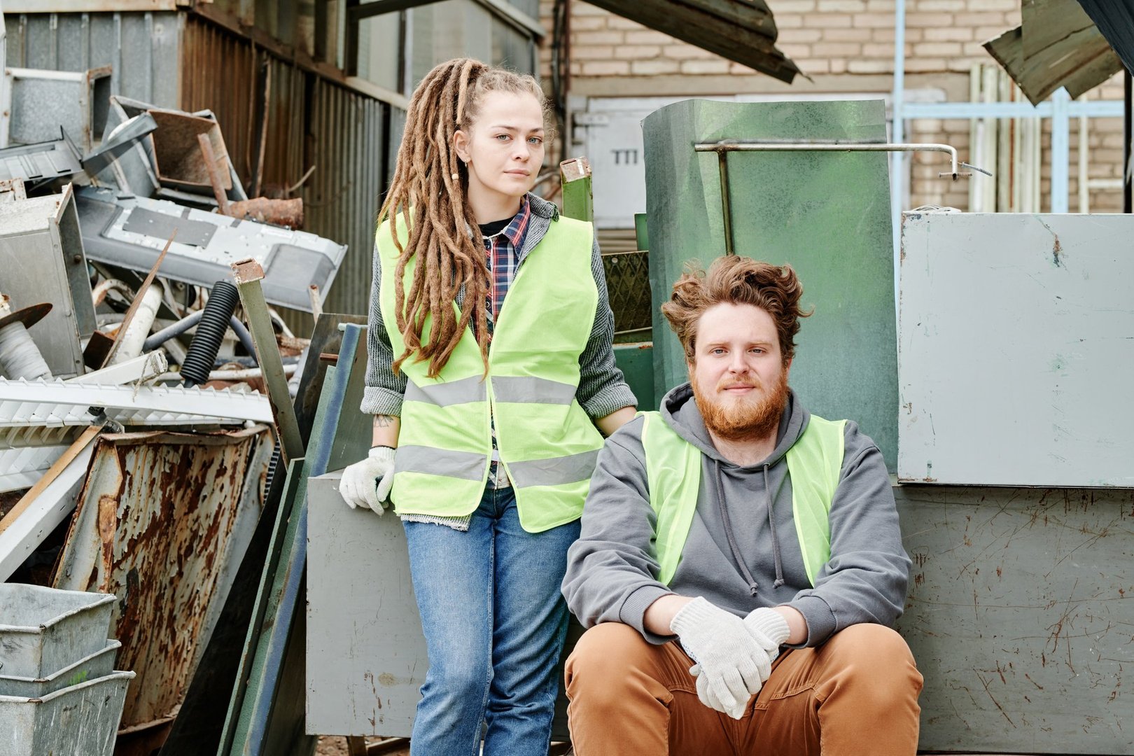 Couple in neon vests working at materials recovery facility