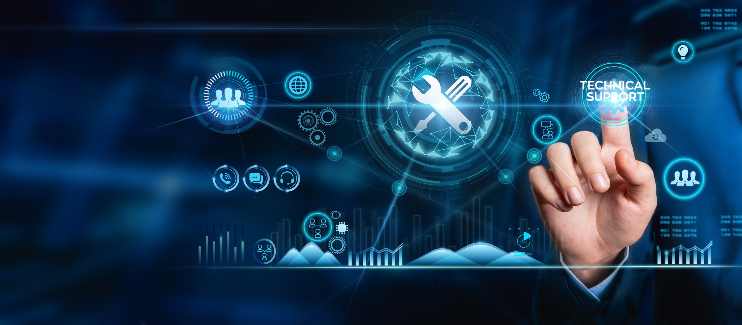Technical support Customer service Business technology concept. Hand touching Maintenance and repair about assistance and servicing of equipments.