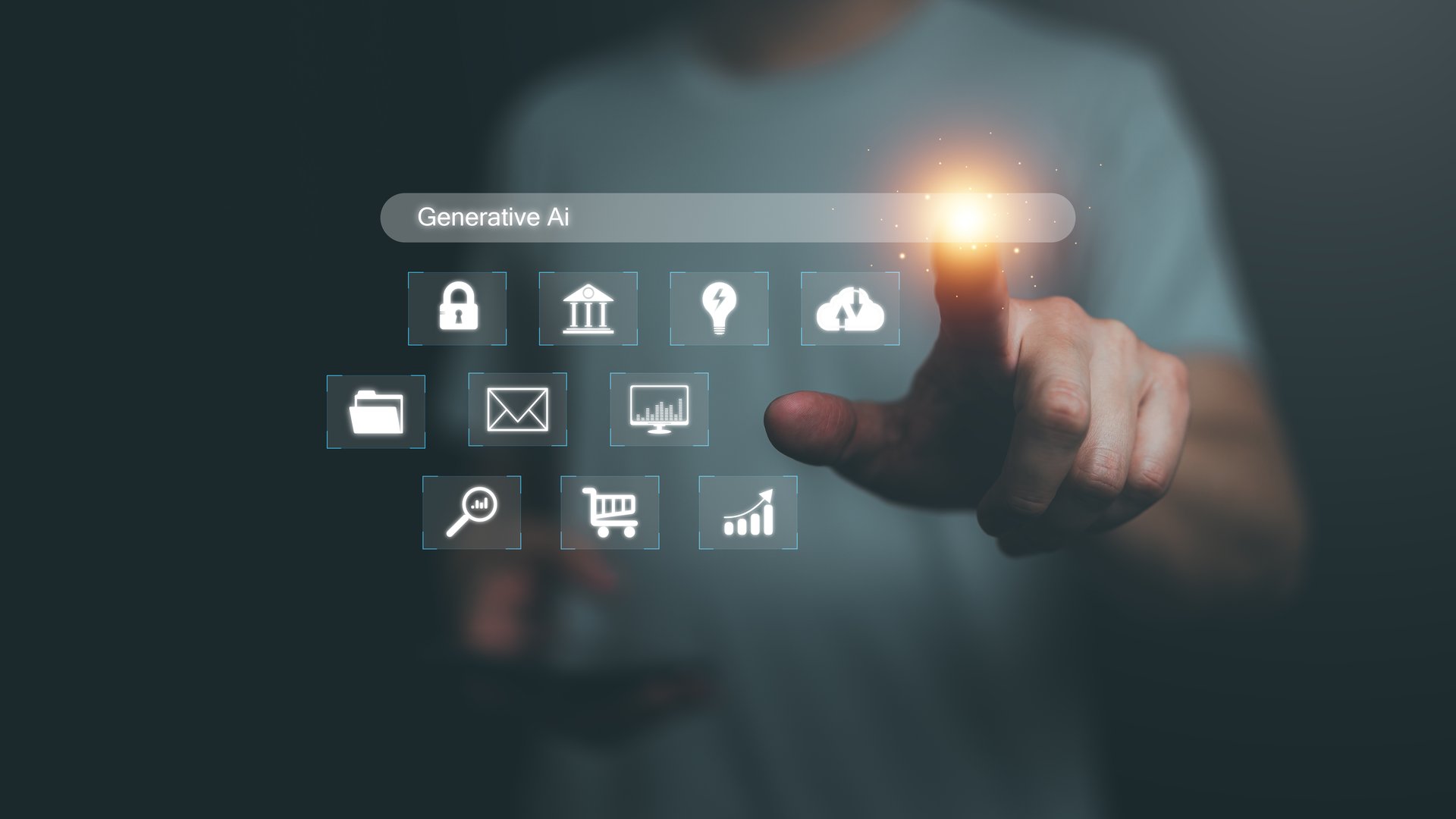 Futuristic concept of generative AI with man touching glowing virtual interface, displaying icons for cloud, data, finance, shopping and technology innovation in a digital environment.