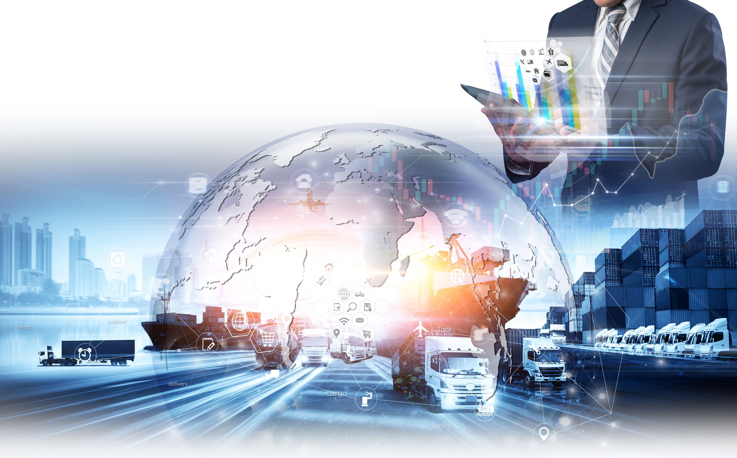 Global business of Container Cargo freight train for Business logistics concept, Air cargo trucking, Rail transportation and maritime shipping, Online goods orders worldwide